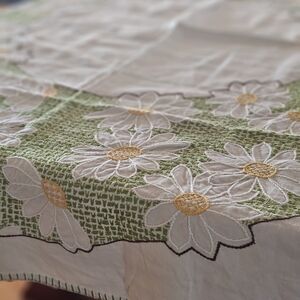 Floral Embroidered Tablecloth - Green and White